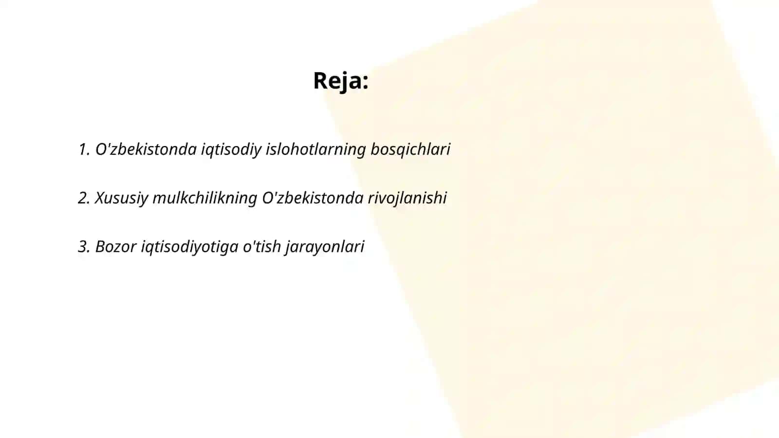 Iqtisodiy islohotlar, xususiy mulkchilikning shakllanishi. Oʻzbekistonda bozor munosabatlarining rivojlanishi 2