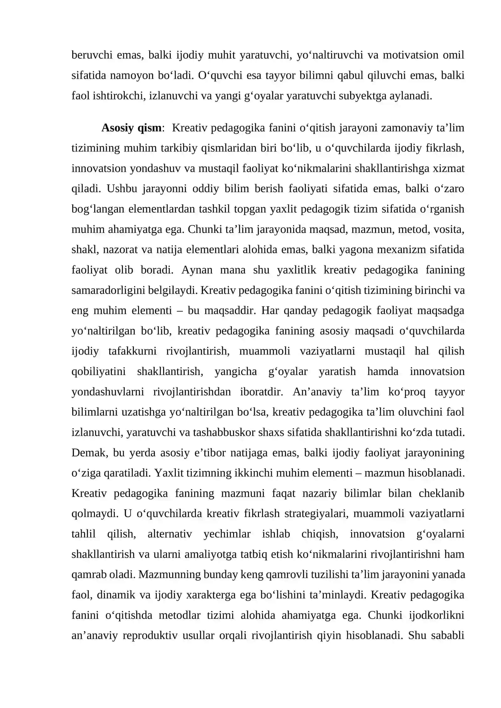 Kreativ pedagogika fanini o'qitish jarayoni yaxlit tizim sifatida 2