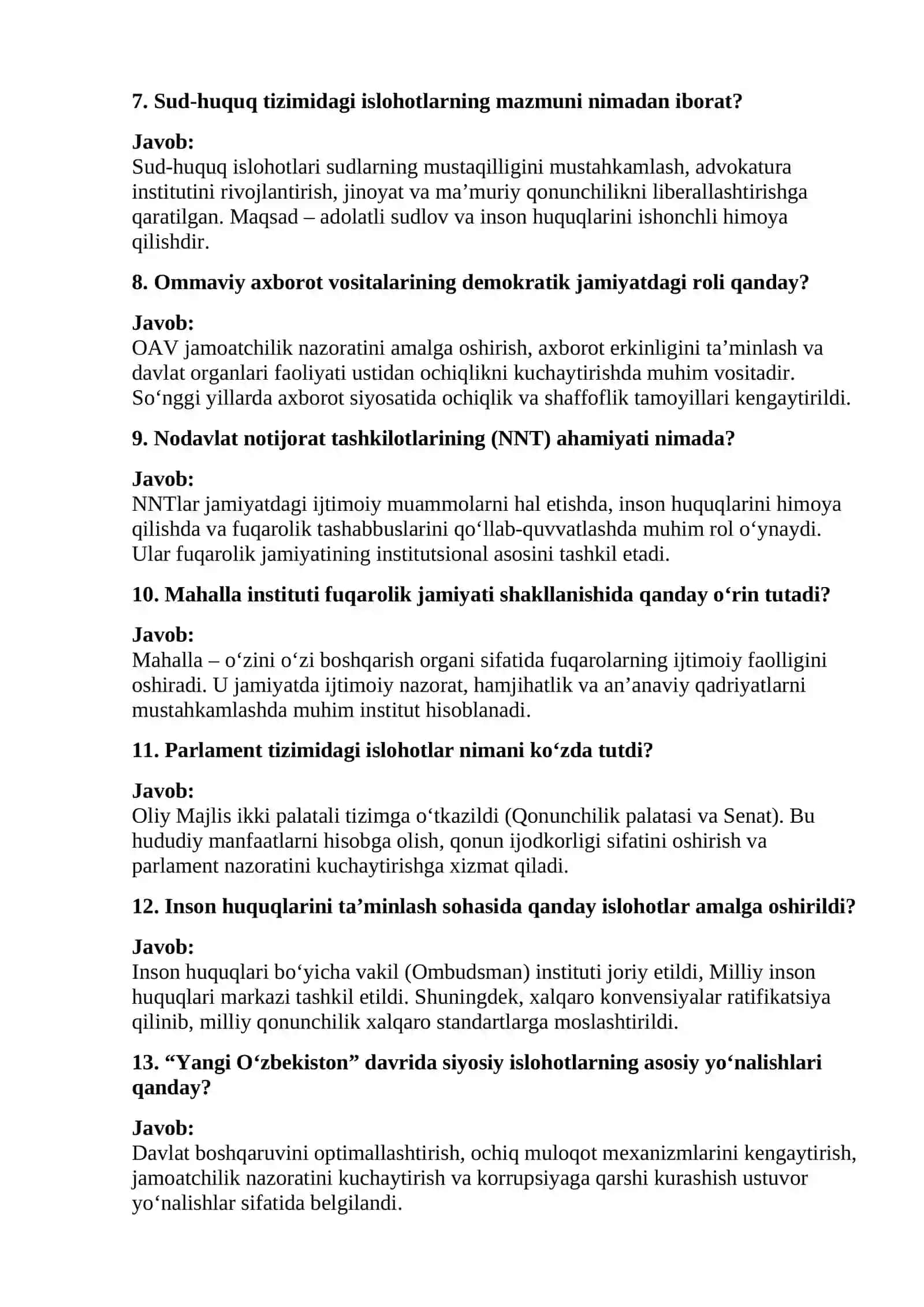 O‘zbekistonda demokratik va fuqarolik jamiyati asoslarining shakllanishi hamda amalga oshirilgan siyosiy islohotlar 2