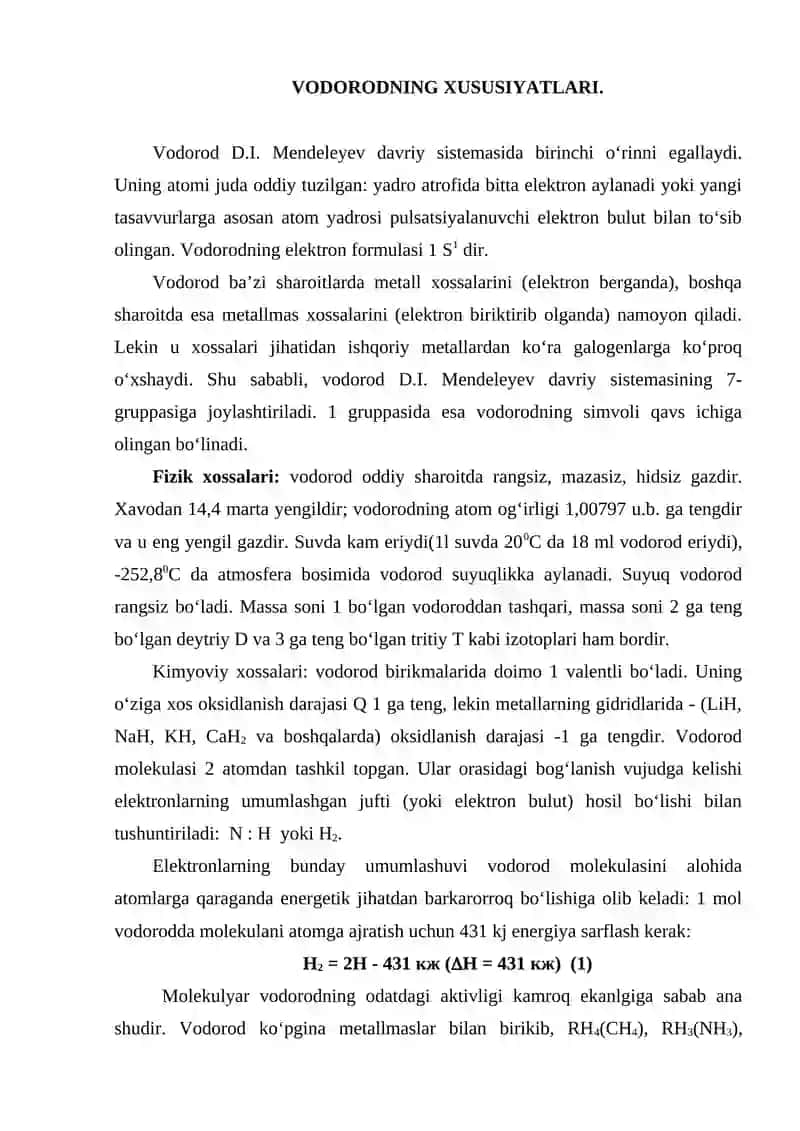 Vodorodning xususiyatlari va olish usullari 2