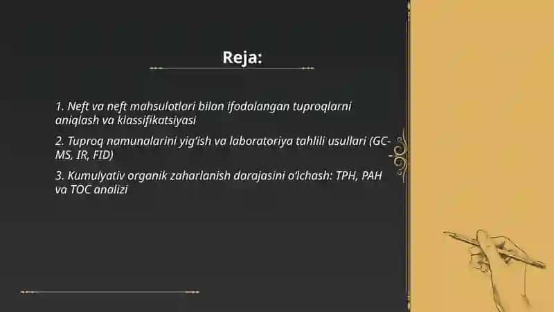 Neft va neft mahsulotlari bilan ifodalangan tuproqlarning tozalashga yoʻnaltirilgan texnologiyalari va ularni tahlil qilish 2