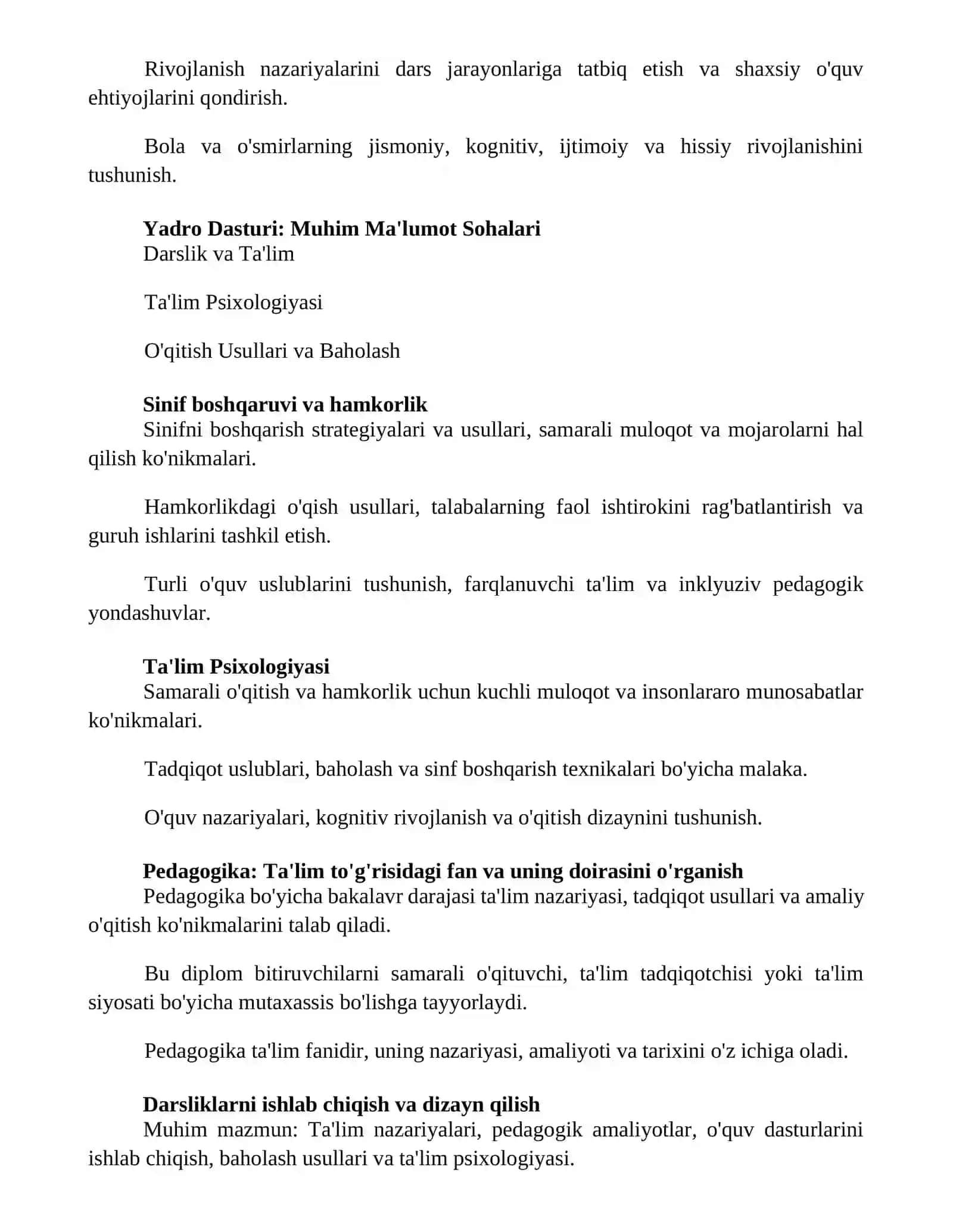 Pedagogika (qoʻshincha tarbiya fani oʻqituvchisi) bakalavriat Ta'lim yoʻnalishining zaruriy mazmuni va bakalavrning tayyorgarlik darajasiga qoʻyiladigan talablar 2