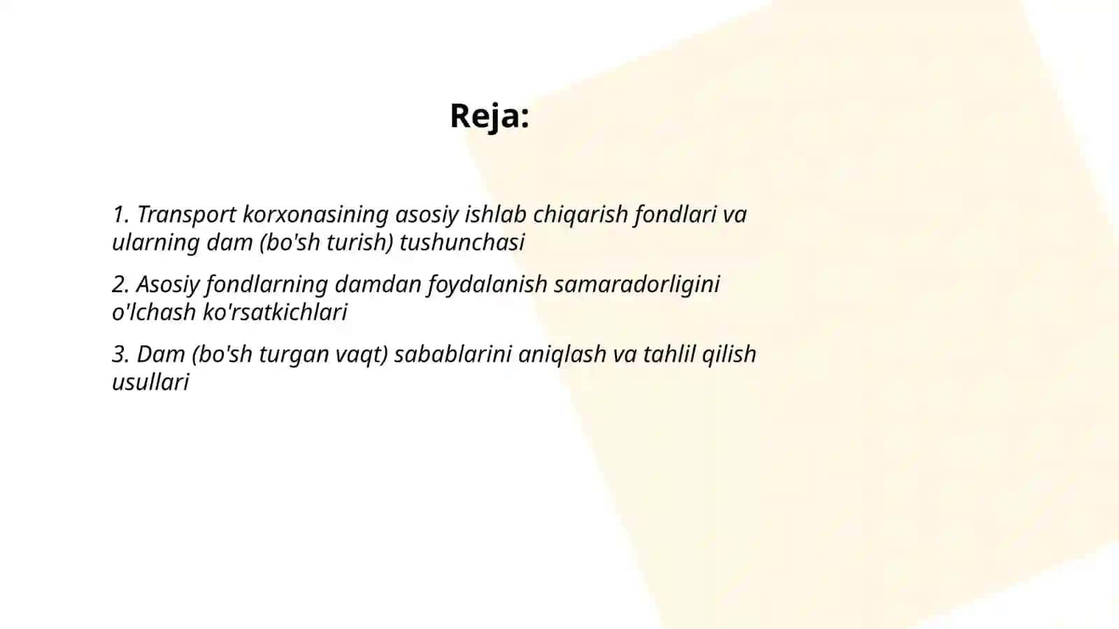 Transport korxonasining asosiy ishlab chiqarish fondlari dam foydalanish samaradorligi 2