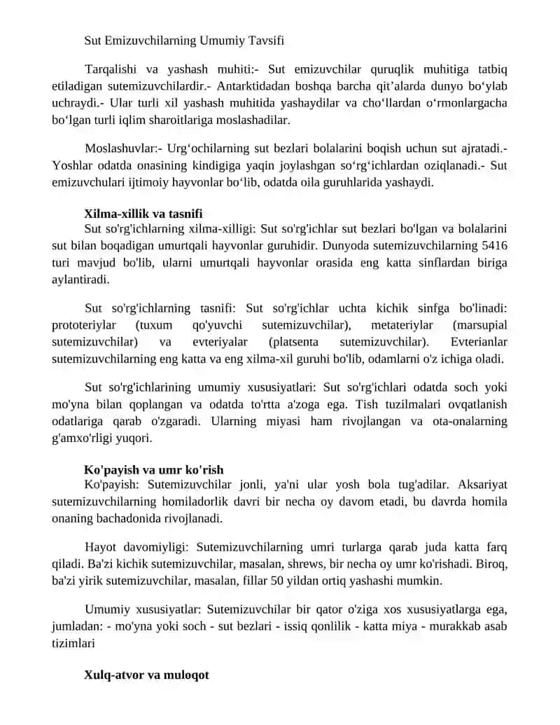 Sut Emizuvchilarning Umumiy Tavsifi 2