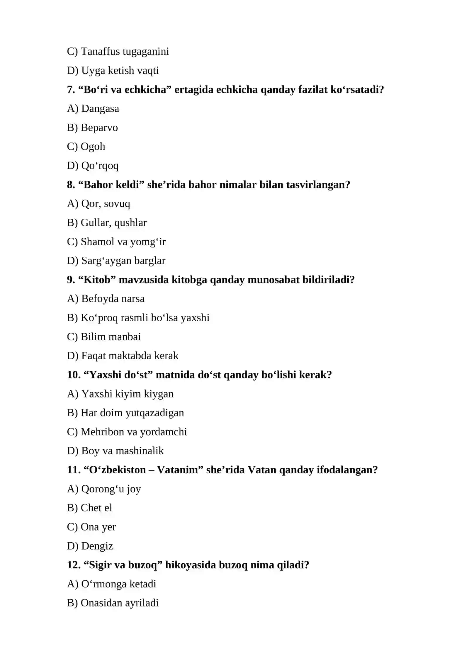 1–2-sinf “O‘qish” fanidan test savollari 2