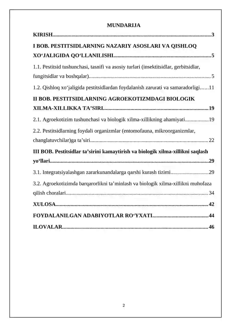 Pestitsidlar qo’llanilishi va agroekotizmdagi bialogik xilma-xillikga ta’siri 2