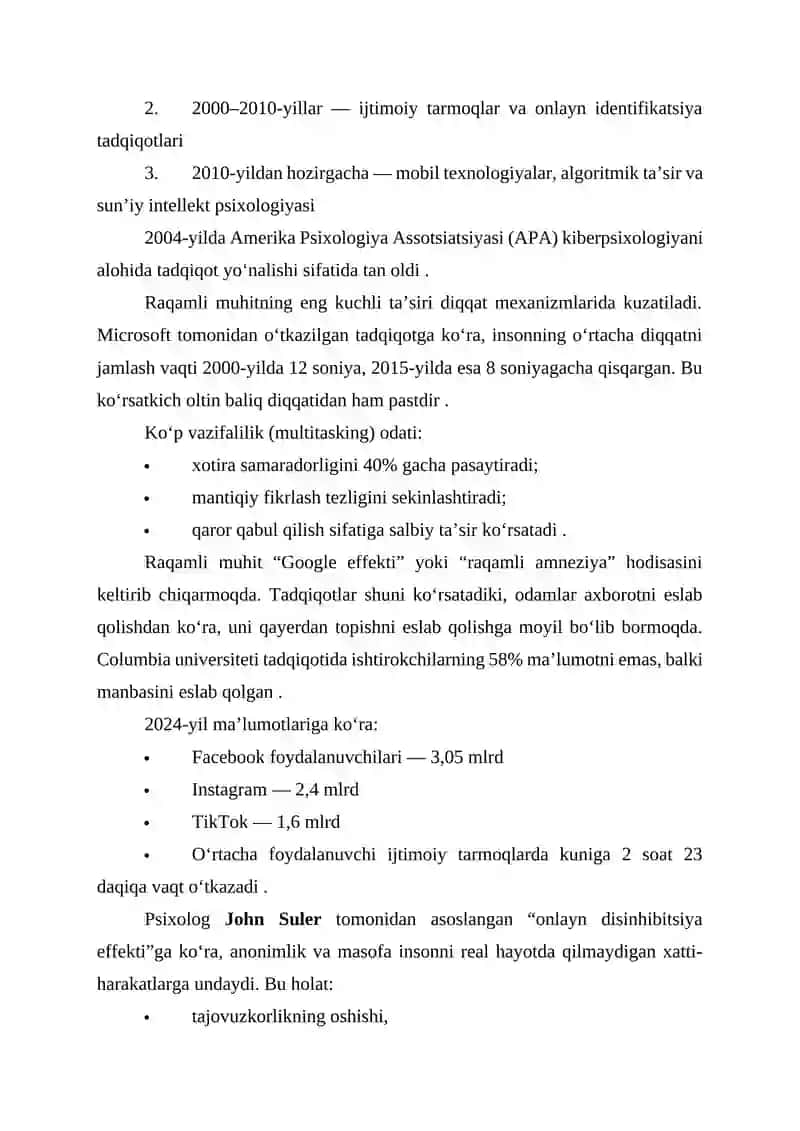 KIBERPSIXOLOGIYA: RAQAMLI MUHITNING INSON XULQ-ATVORIGA TA’SIRI 2