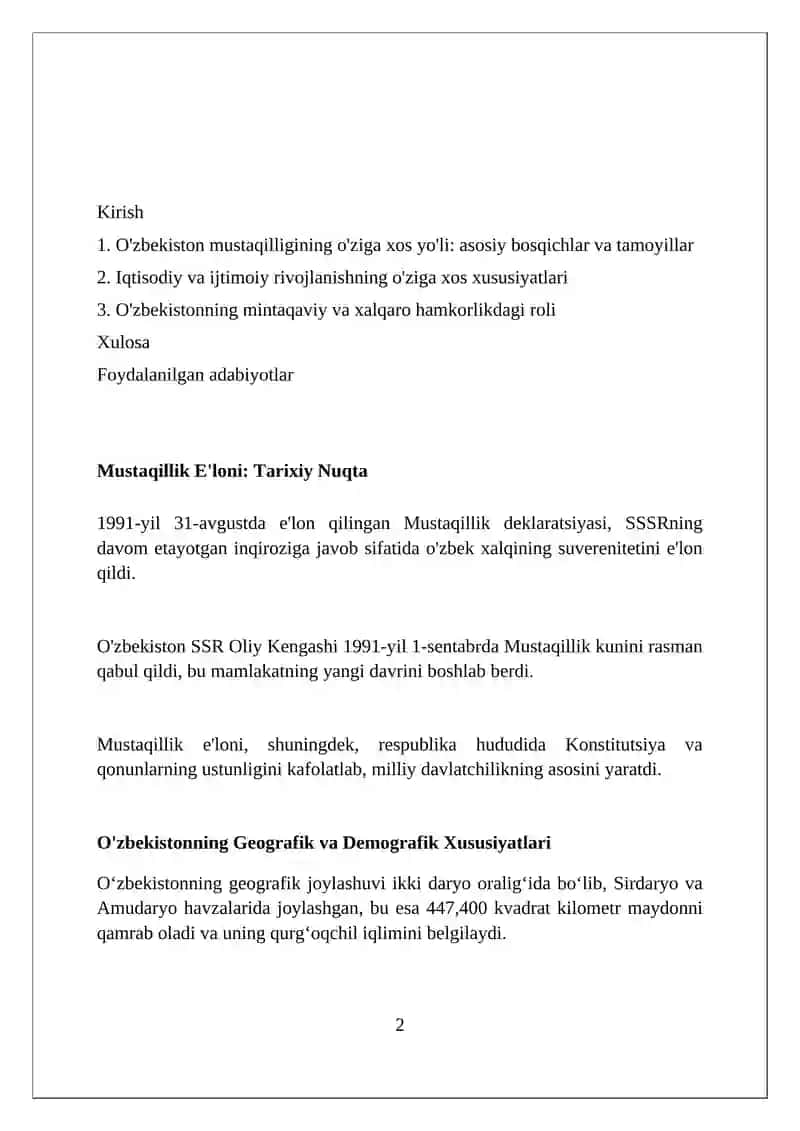 O‘zbekistonning O‘ziga Xos Istiqlol va Taraqqiyot Yo‘l 2