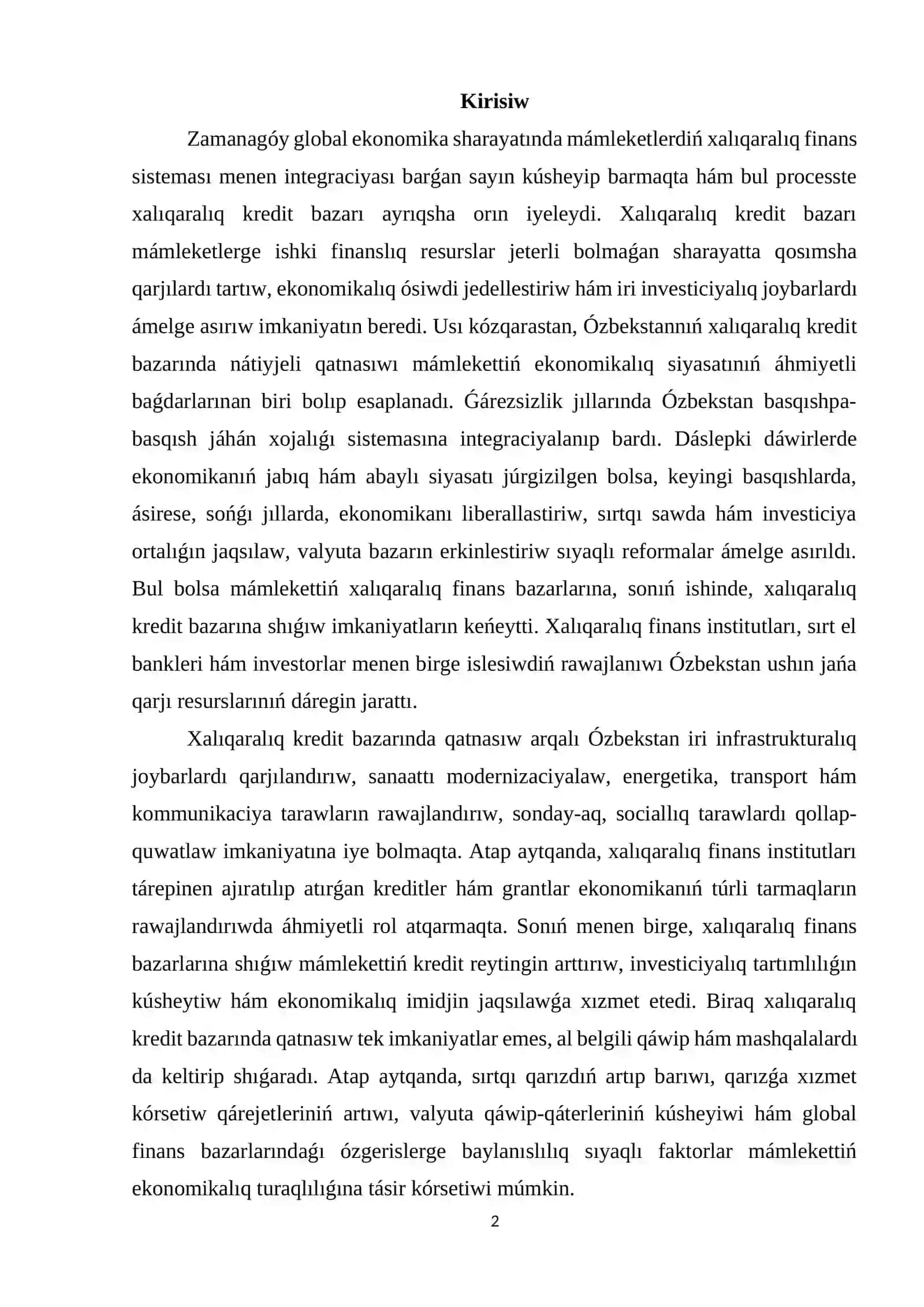 Ózbekstannıń xalıqaralıq kredit bazarındaǵı nátiyjeli qatnasıwı 2