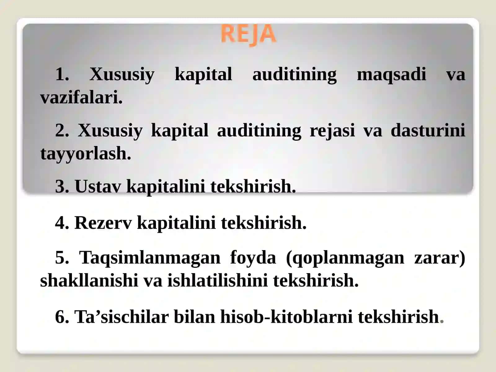 XUSUSIY KAPITAL SHAKLLANISHI VA TA’SISCHILAR BILAN HISOBLASHISHLAR AUDITI 2