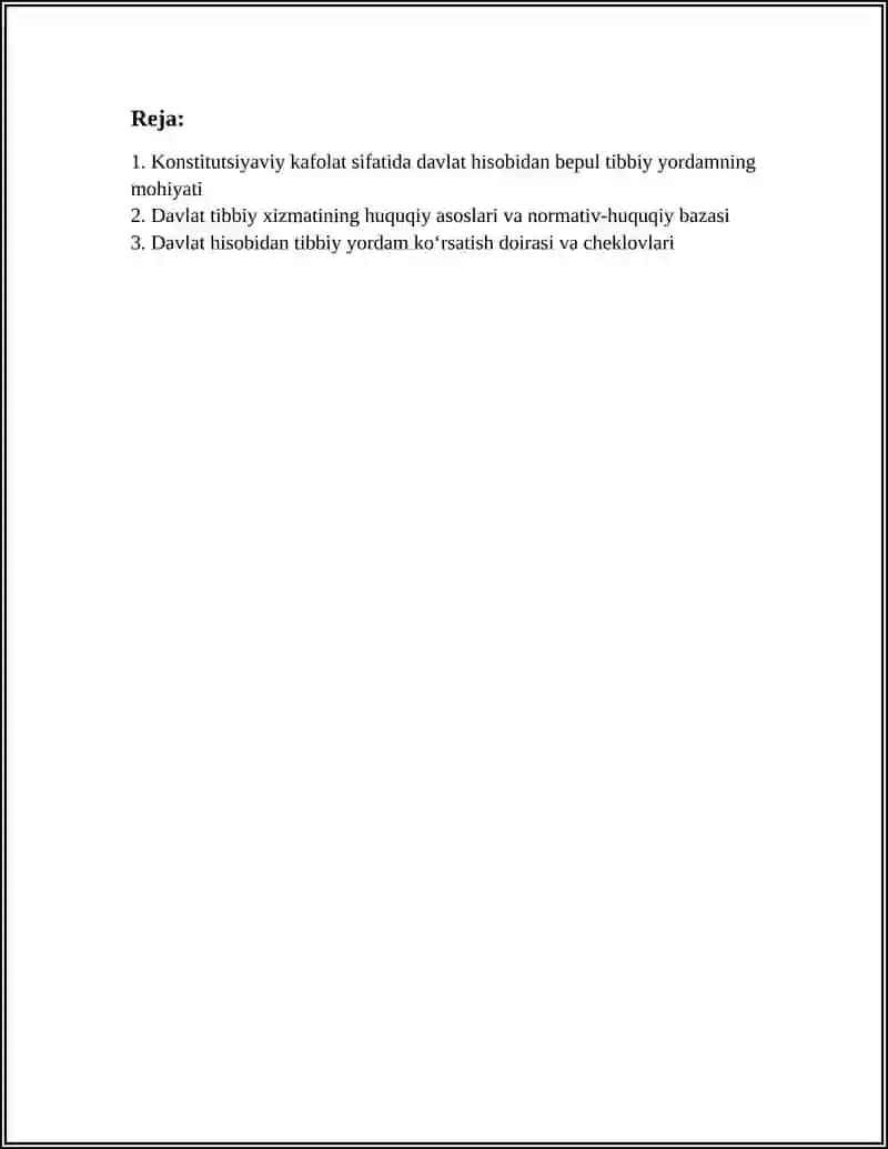 O'ZBEKISTON RESPUBLIKASI KONSTITUTSIYADA KAFOLATLANGAN TARZDA DAVLAT HISOBIDAN TIBBIY YORDAM KURSATISH 2