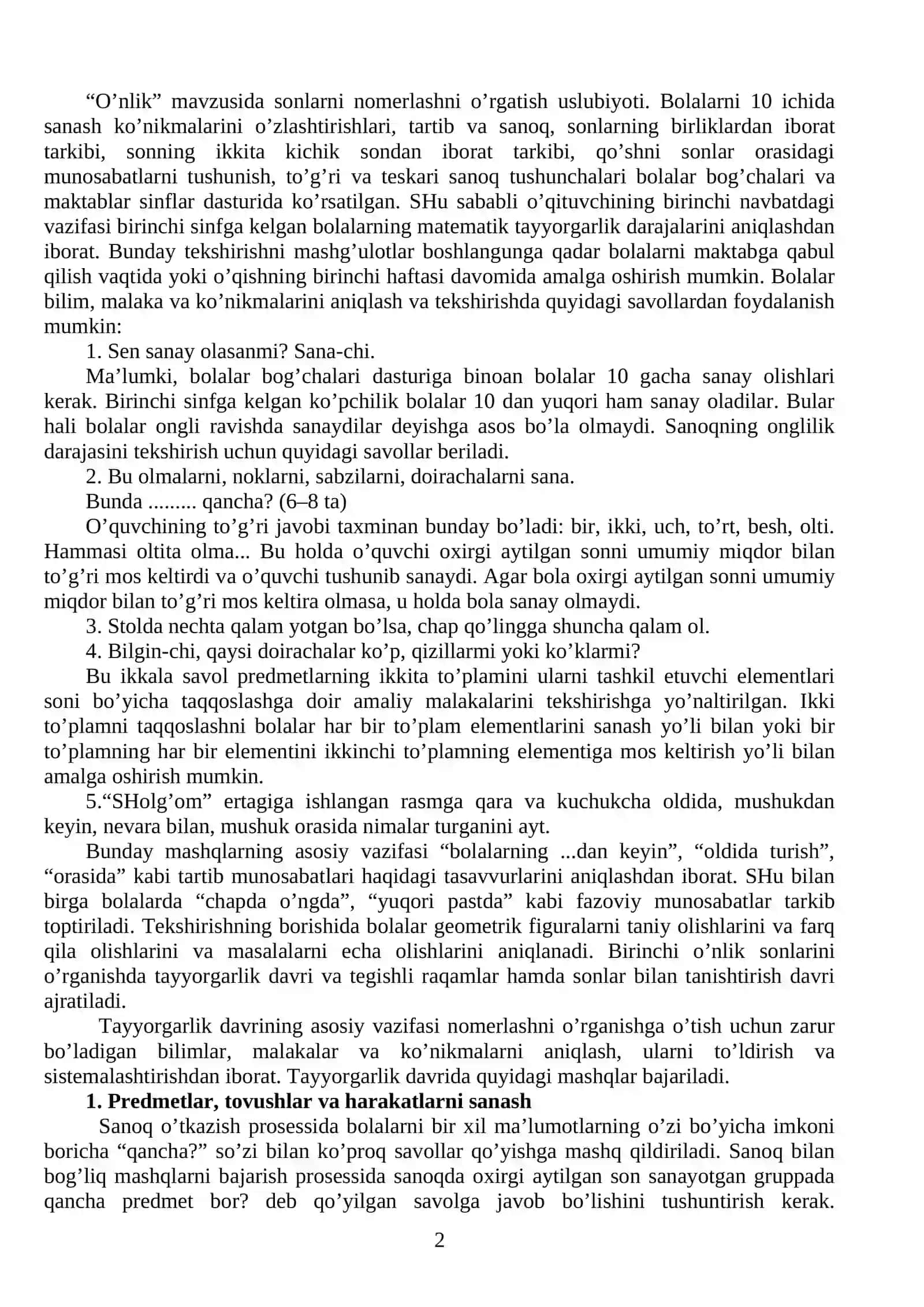 Nomerlashni o'rganish metodikasi 2