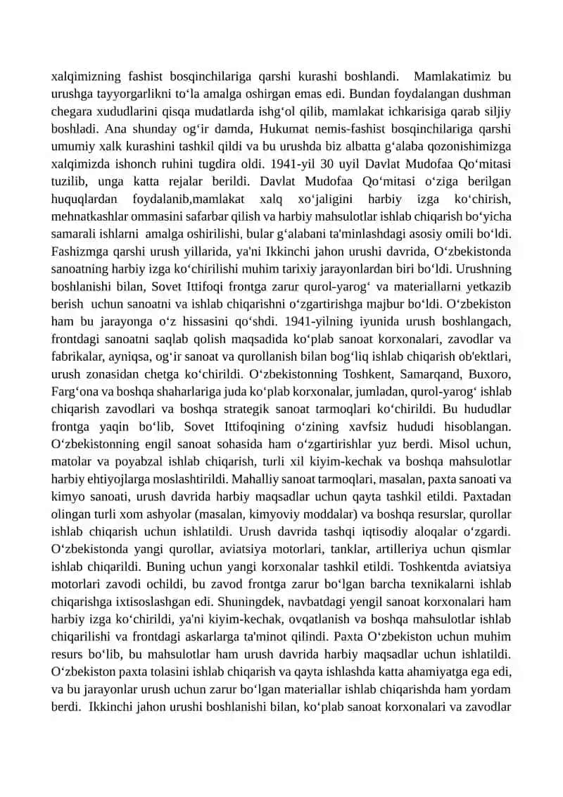 Ikkinchi jahon urushi yillarida O‘zbekiston SSR sanoati 2