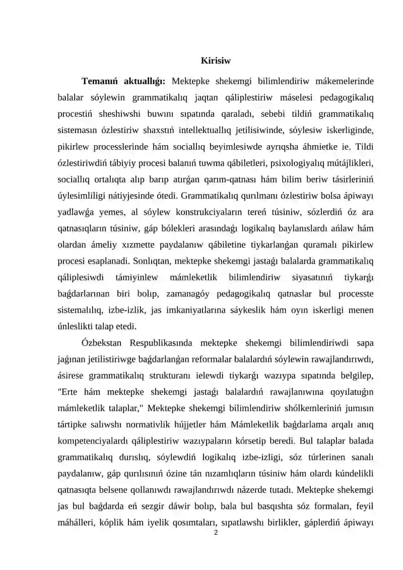 Mektepke shekemgi bilimlendiriw shólkeminde balalar tilin grammatikalıq jaqtan qáliplestiriwde dástúr talaplari 2