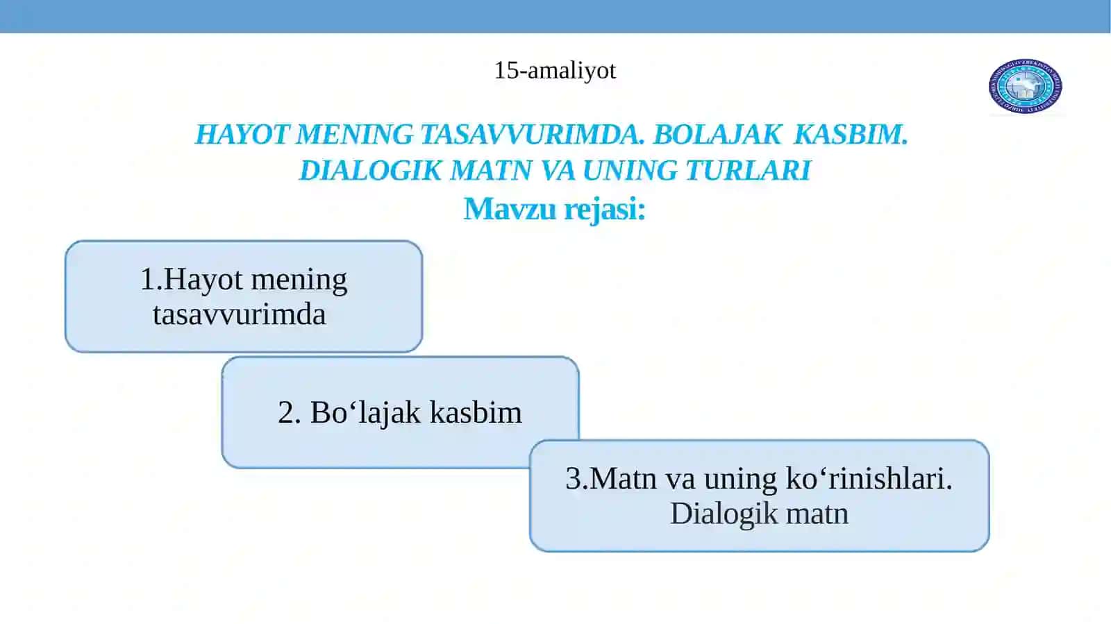 HAYOT MENING TASAVVURIMDA. BOLAJAK KASBIM. DIALOGIK MATN VA UNING TURLARI 2