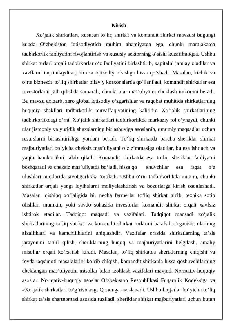 Xo‘jalik shirkatlari. To‘liq shirkat va komandit shikat 2