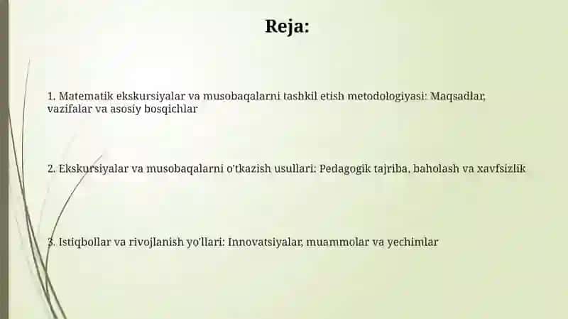 Matematik ekskursiyalar tashkil etish metodikasi va matematik konkurs tashkil etish metodikasi 2