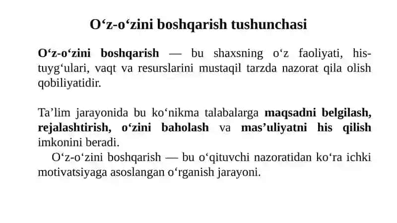 Akademik ko‘nikmalarni shakllantirish va o‘z-o‘zini boshqarish 2