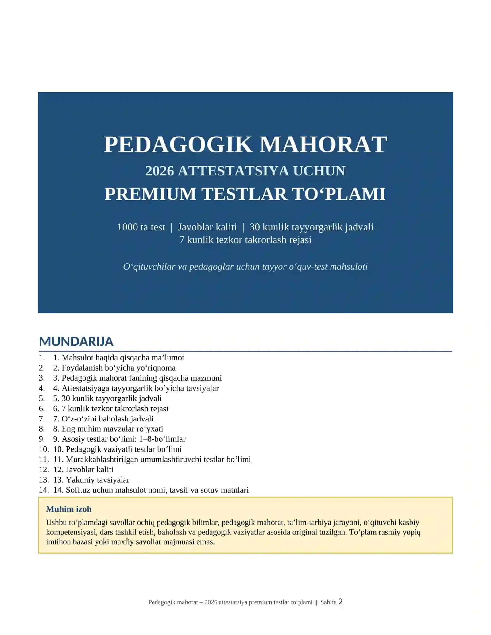 Pedagogik mahorat fanidan 2026 attestatsiyaga tayyor premium testlar to‘plami: 1000 ta test, javoblar kaliti va 30 kunlik tayyorgarlik jadvali bilan 2