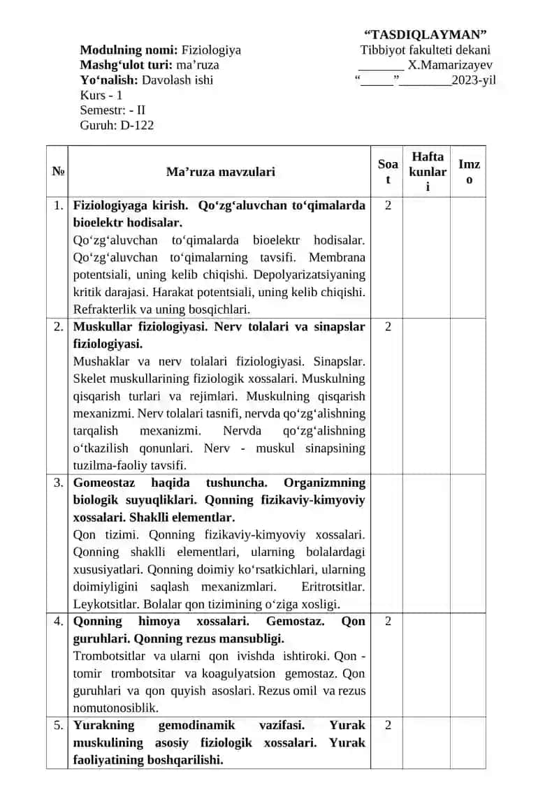 FIZIOLOGIYA MODULIDAN KALENDAR TEMATIK REJALARI 2