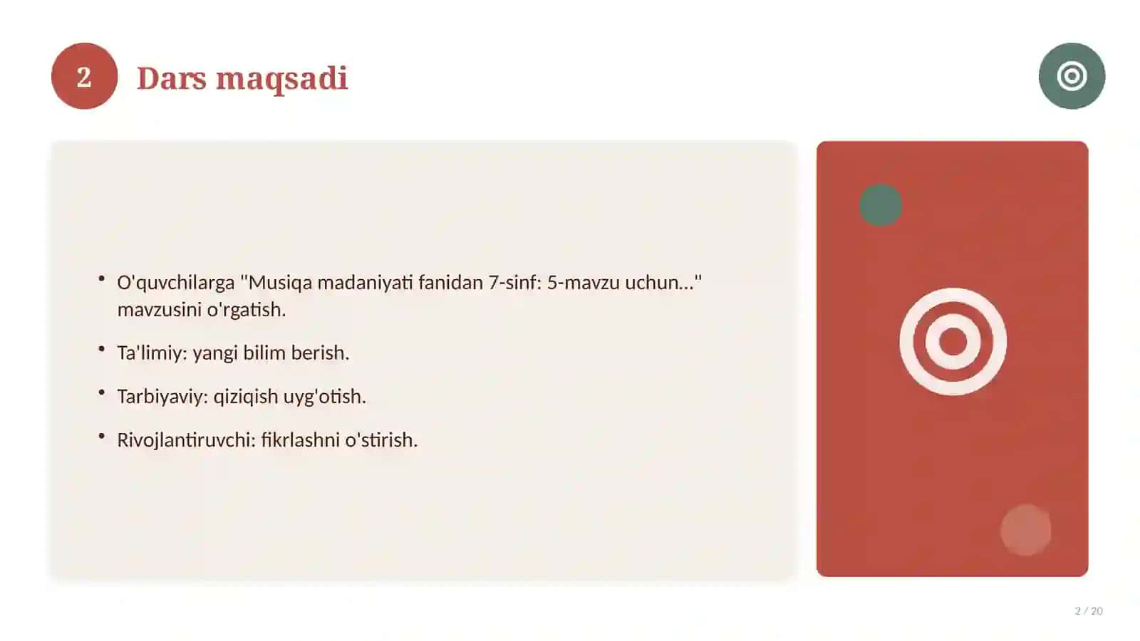 Musiqa madaniyati fanidan 7-sinf: 5-mavzu uchun batafsil dars ishlanmasi 2