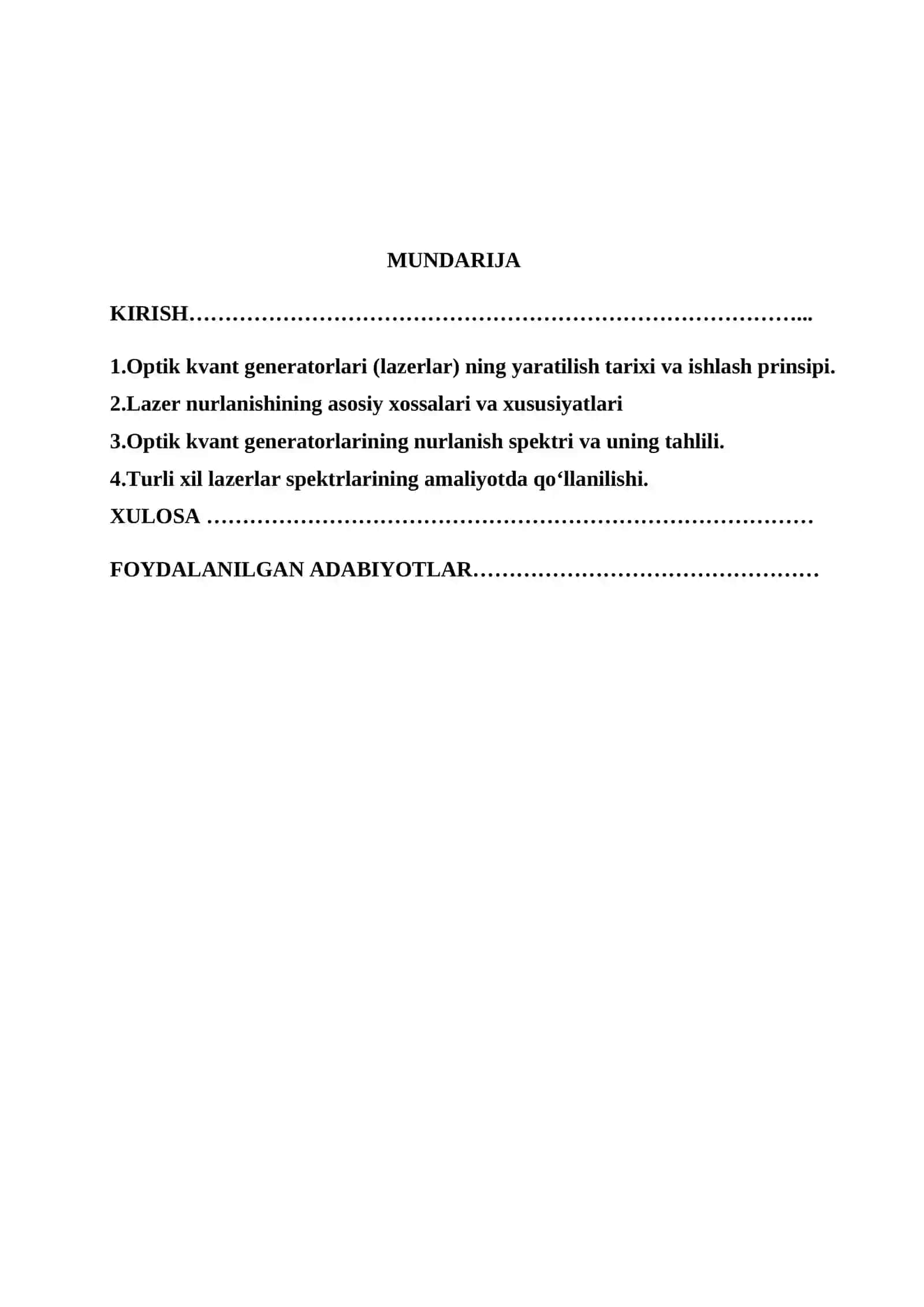Optik kvant generatorlarining nurlanish spektirini o’rganish mavzusida tayyor kurs ishi 2