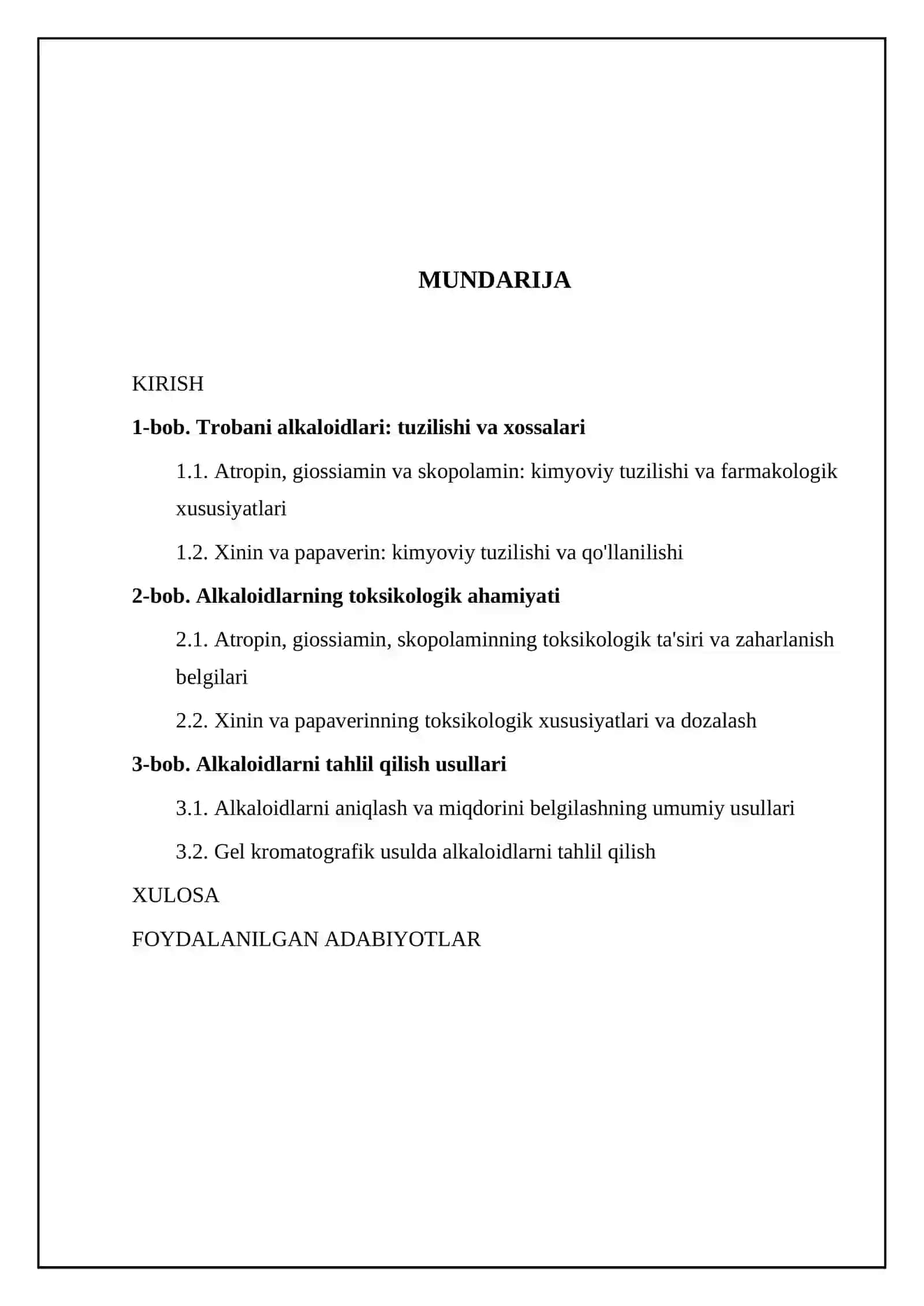 Atropin, giossiamin, skopolamin, xinin, papaverin alkaloidlari: toksikologik ahamiyati va tahlil usullari 2
