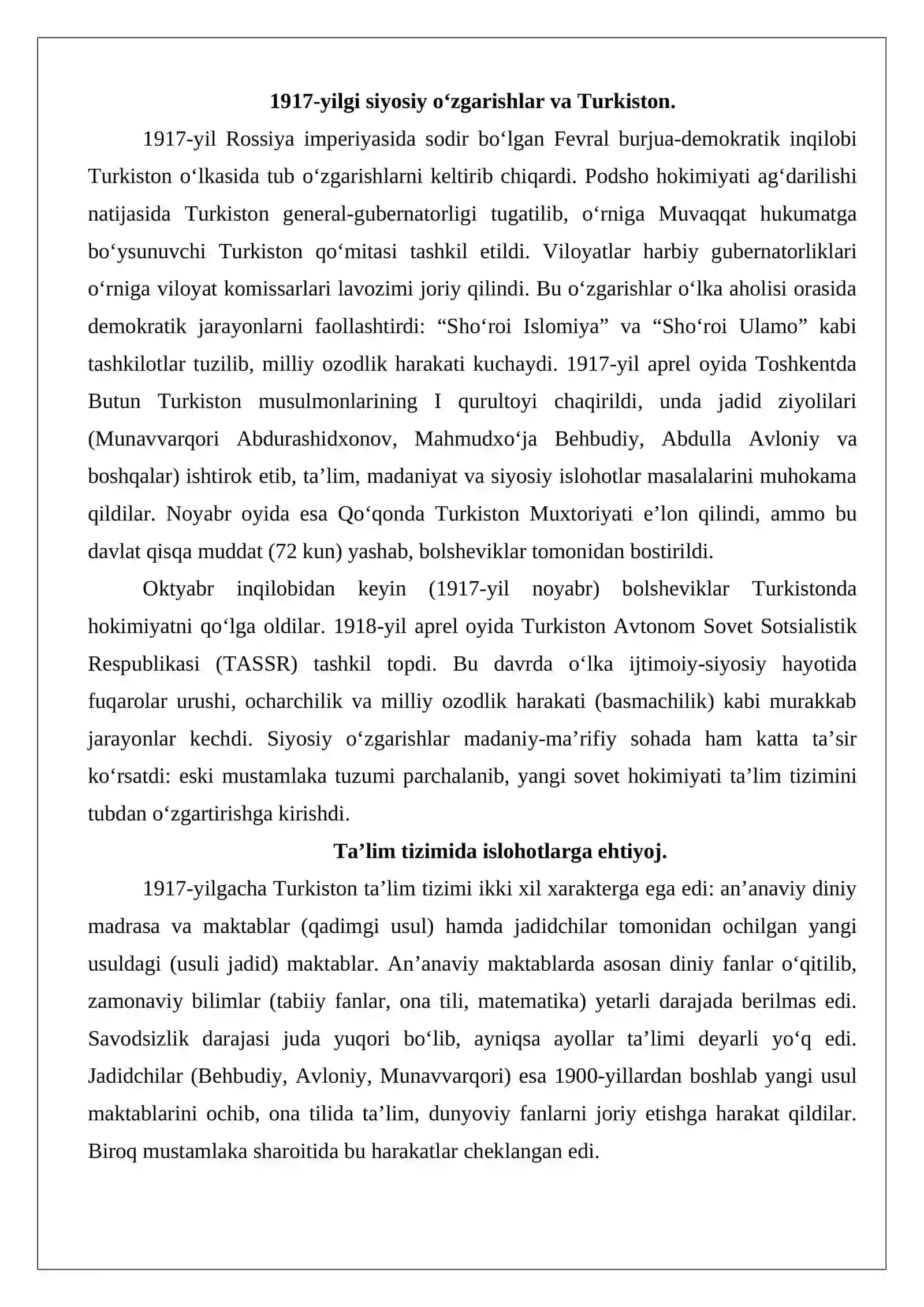 Turkiston ta’lim maskanlarining tashkil qilinishi va madaniy hayot (1917–1920) 2