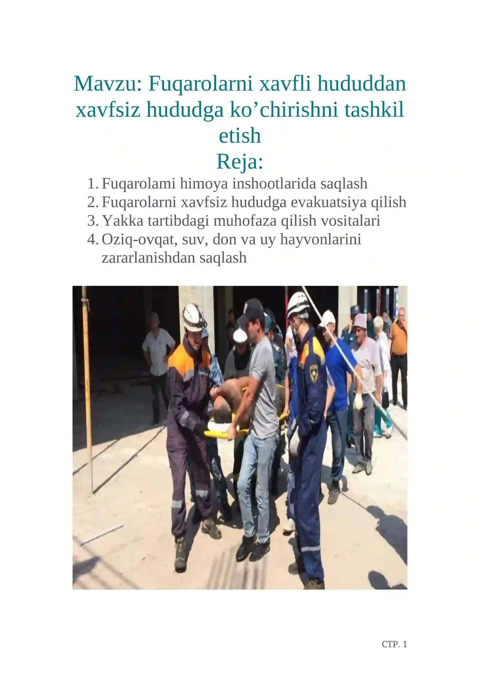 Fuqarolarni xavfli hududdan xavfsiz hududga ko'chirishni tashkil etish 2