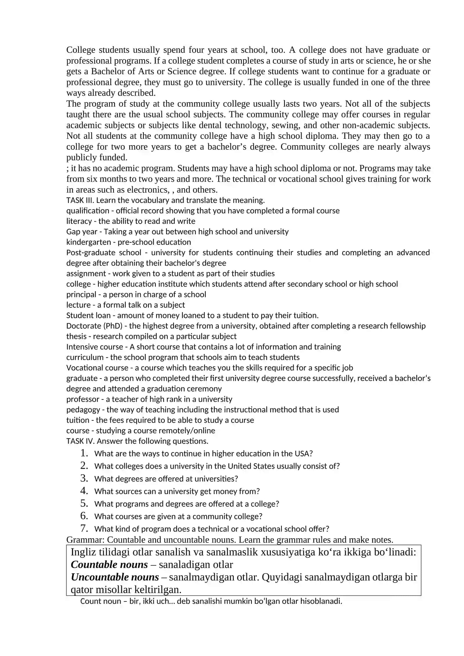 Lesson 6. University Education. Grammar: Countable and uncountable nouns 2
