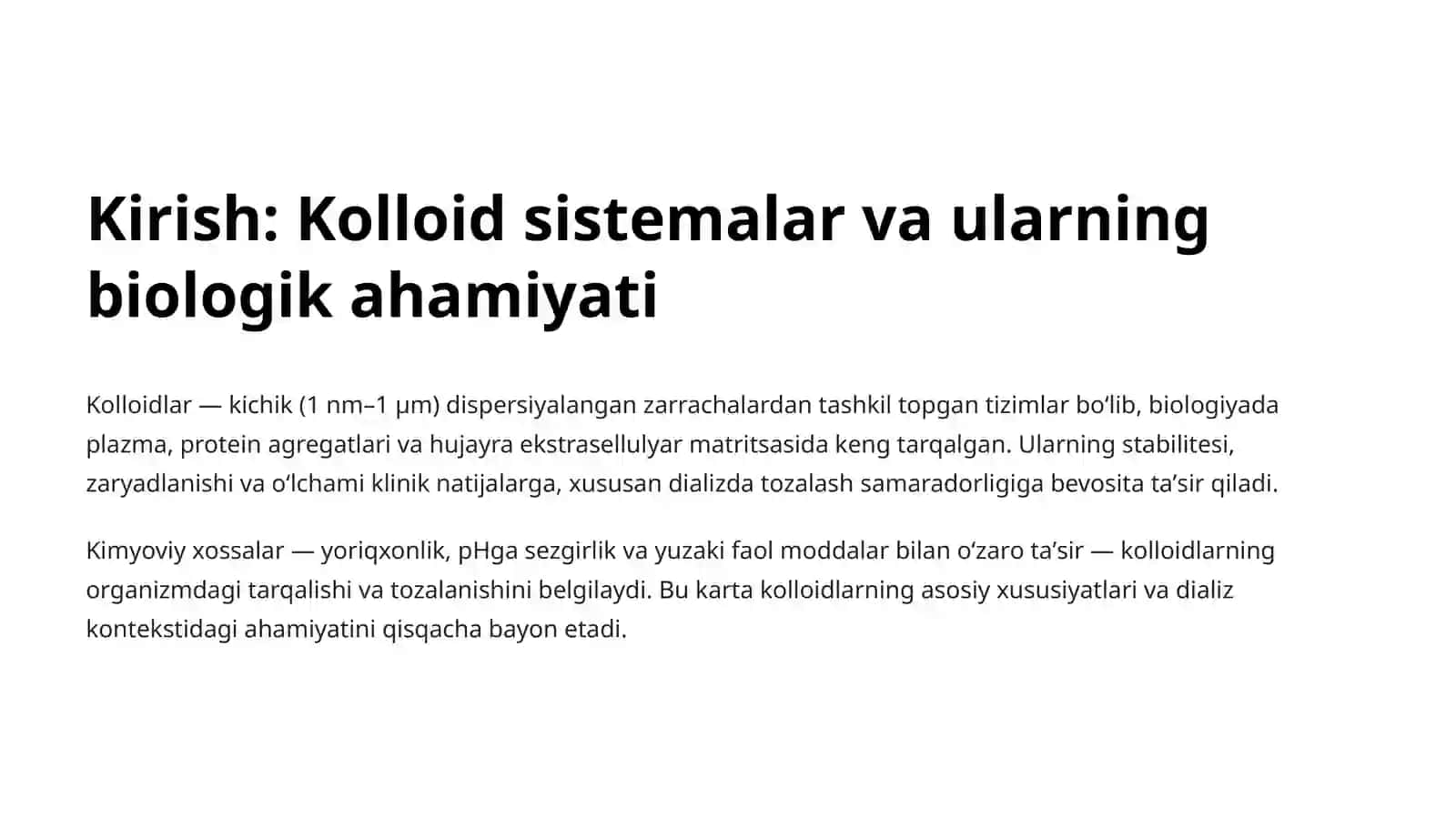 Kolloid Sistemalarni Dializ Yoʻli Bilan Tozalash: Gemodializda Kimyoning Ahamiyati 2