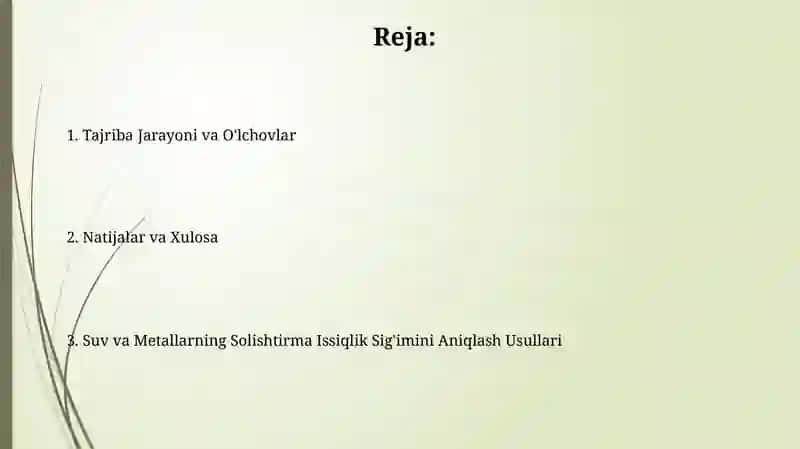 Suv va metallning solishtirma issiqlik sigʻimini aniqlash 2