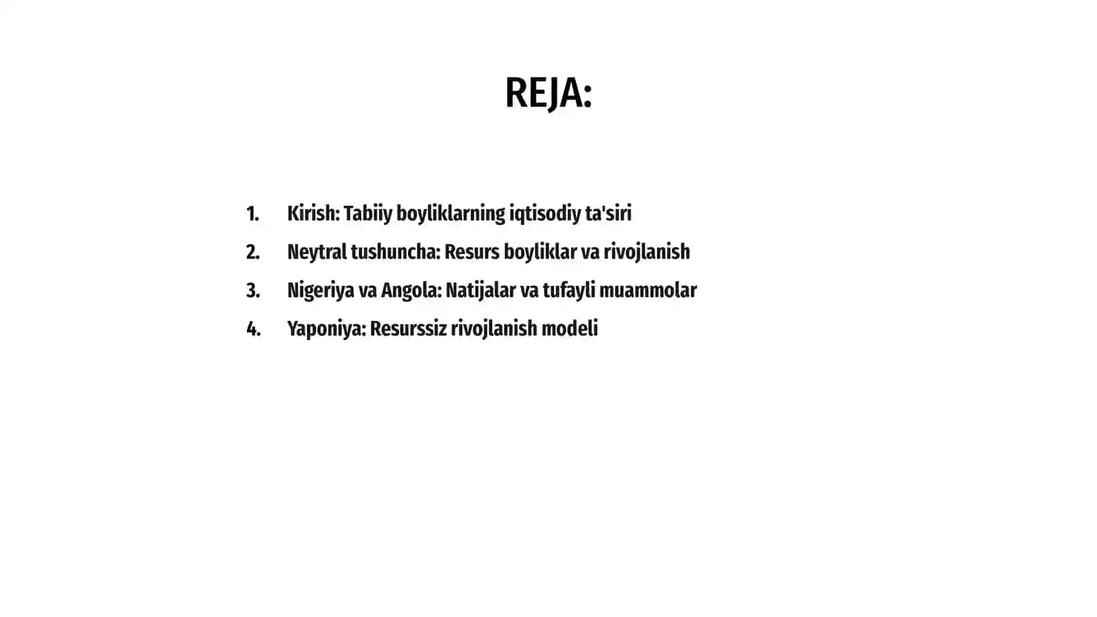 Tabiiy boyliklar: nega ba'zilar rivojlanib, ba'zilar qashshoqlikka botmoqda? (Nigeriya, Angola kabi neftga boy ammo kambag'al davlatlar bilan, Yaponiya kabi resurssiz rivojlangan davlatlarni taqqoslash) 2