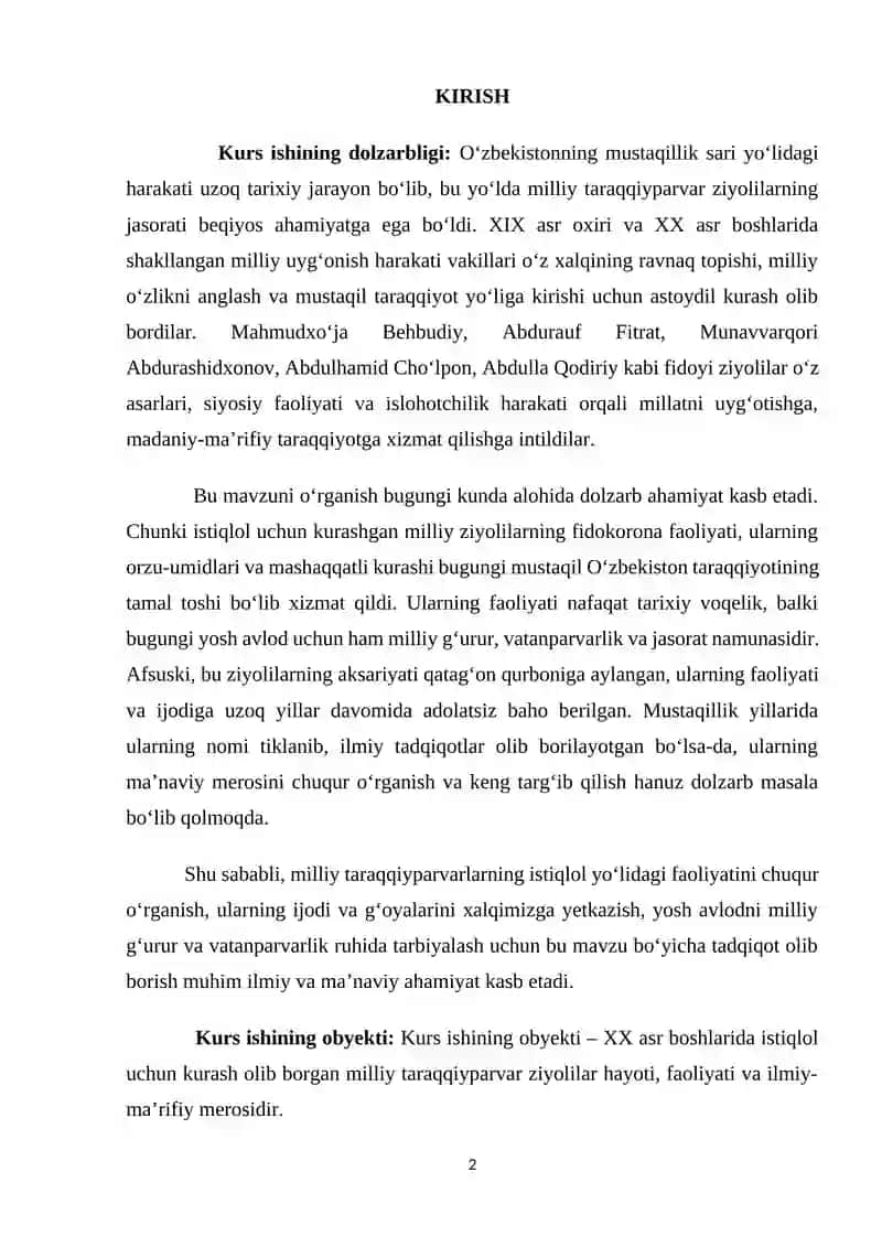 Istiqlol uchun kurashgan milliy taraqqiyparvarlar, milliy ziyolilar jasorati (Bexbudiy, Fitrat va boshqa.) 2