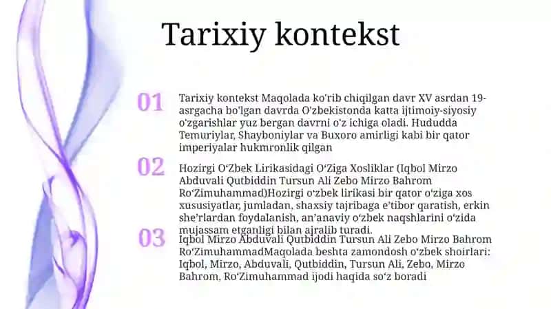 Hozirgi OʻZbek Lirikasidagi OʻZiga Xosliklar (Iqbol Mirzo Abduvali Qutbiddin Tursun Ali Zebo Mirzo Bahrom RoʻZimuhammad) 2
