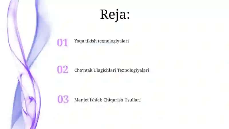 Kiyim bo'laklari (yoqalar, taqilmalar va cho'ntaklar)ni tayyorlash texnologiyasi 2