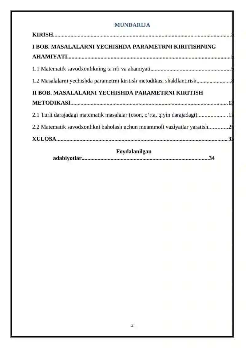 Masalalarni yechishda parametrni kiritish metodikasi 2