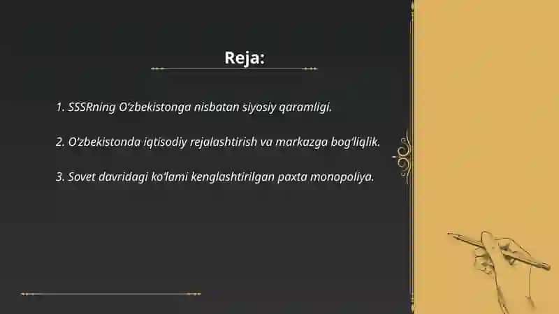 Sovet hukmronligi davrida O'zbekistonning markazga ijtimoiy-siyosiy va iqtisodiy qaramligi va uning oqibatlari 2