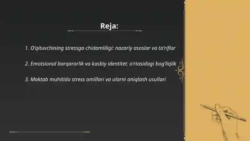 Oʻqituvchining stressga chidamliligi va emotsional barqarorligi:kasbiy psixologik tayyorgarlik 2