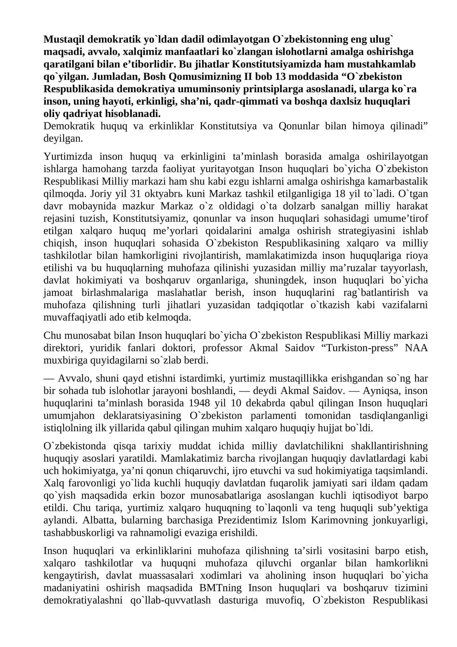 O`ZBEKISTON INSON XUQUQLARI VA ERKINLIKLARI KAFOLATINING YARATILISHI 2