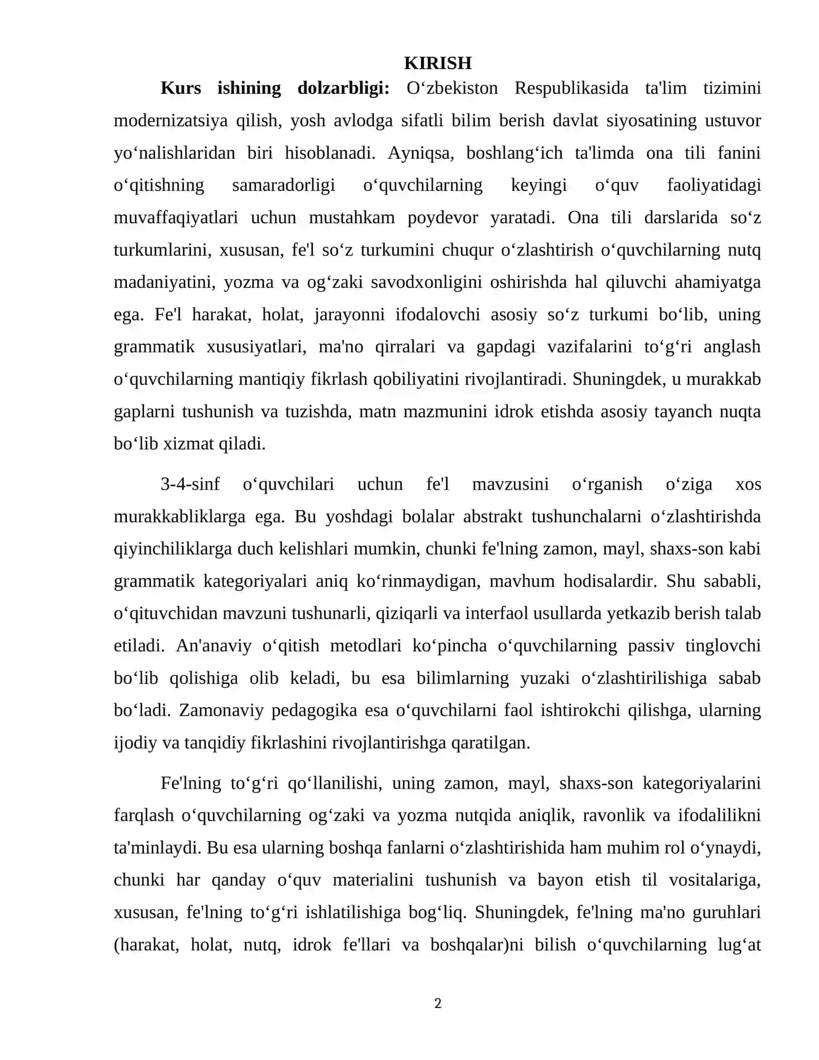 3-4-SINF ONA TILI DARSLARIDA FE`L SO`Z TURKUMIGA DOIR MAVZULARINI O'RGANISH 2