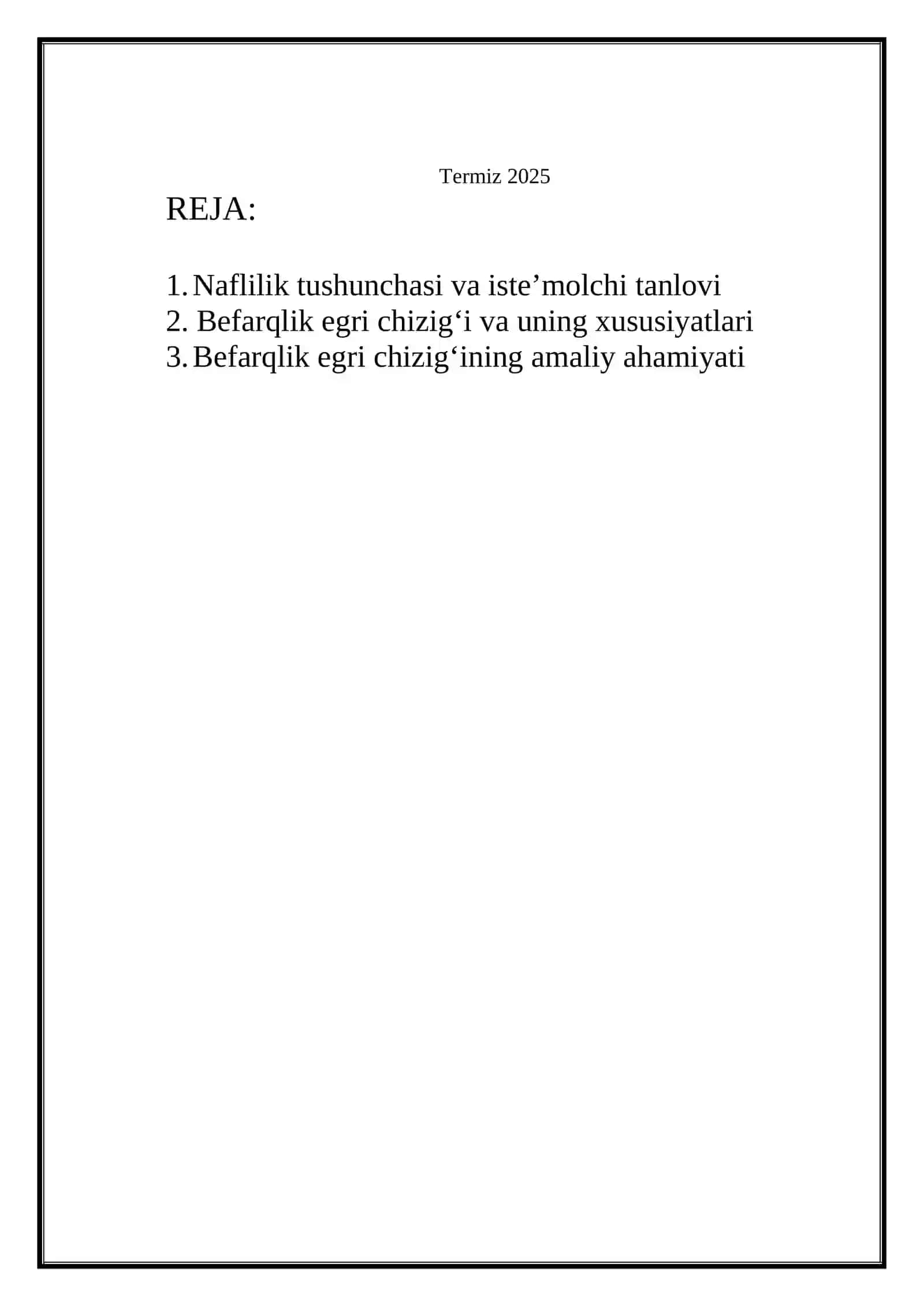 Naflilik va befarqlik egri chizig’i REFERAT 2