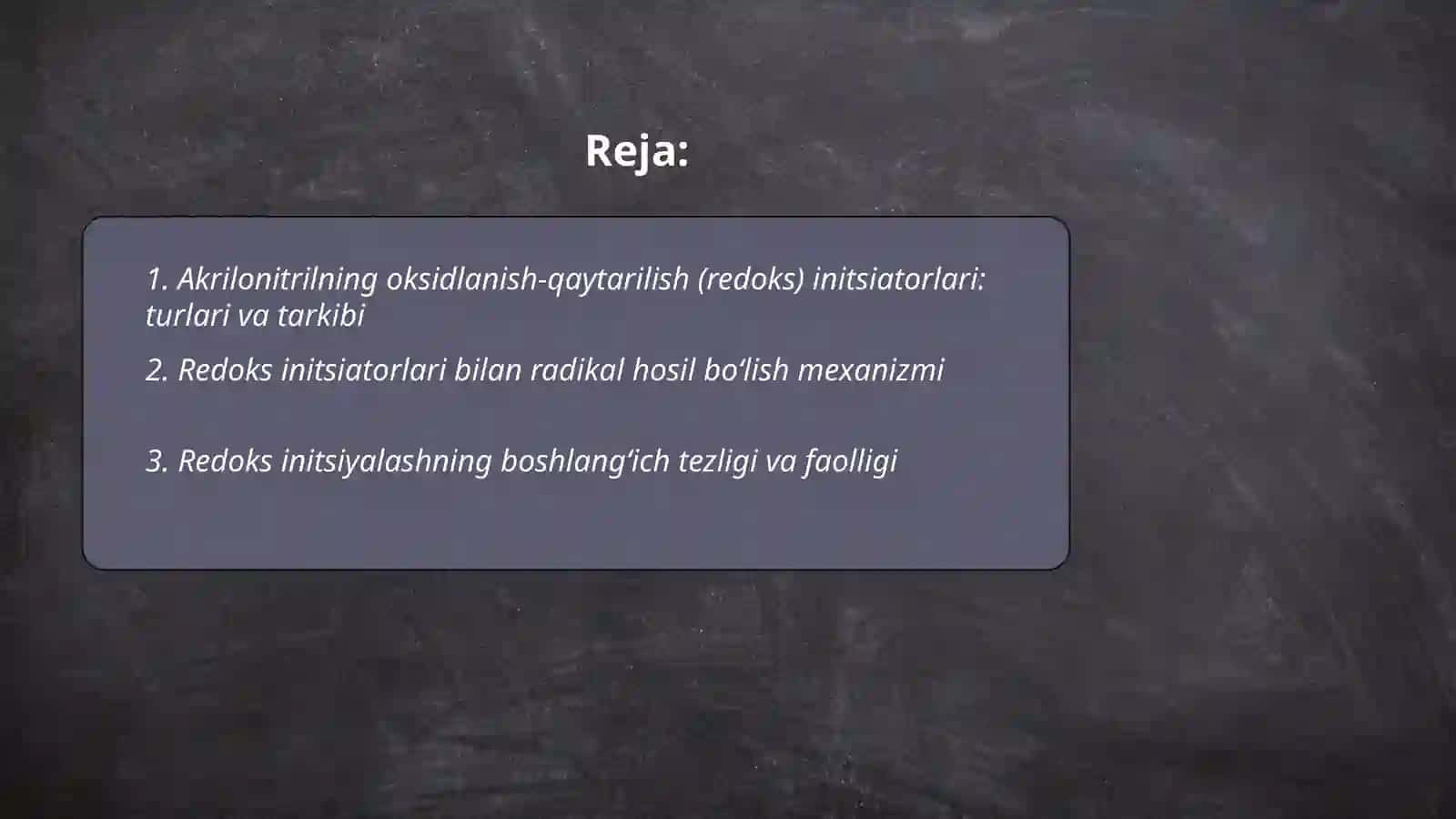 Akrilonitrilning oksidlanish-qaytarilish initsiatori bilan polimerlanishi 2