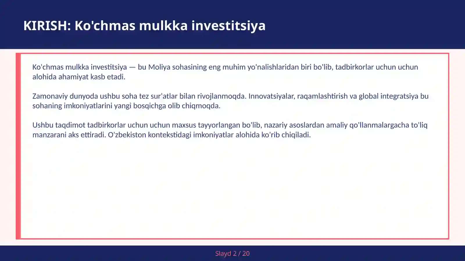KIRISH: Ko'chmas mulkka investitsiya 2