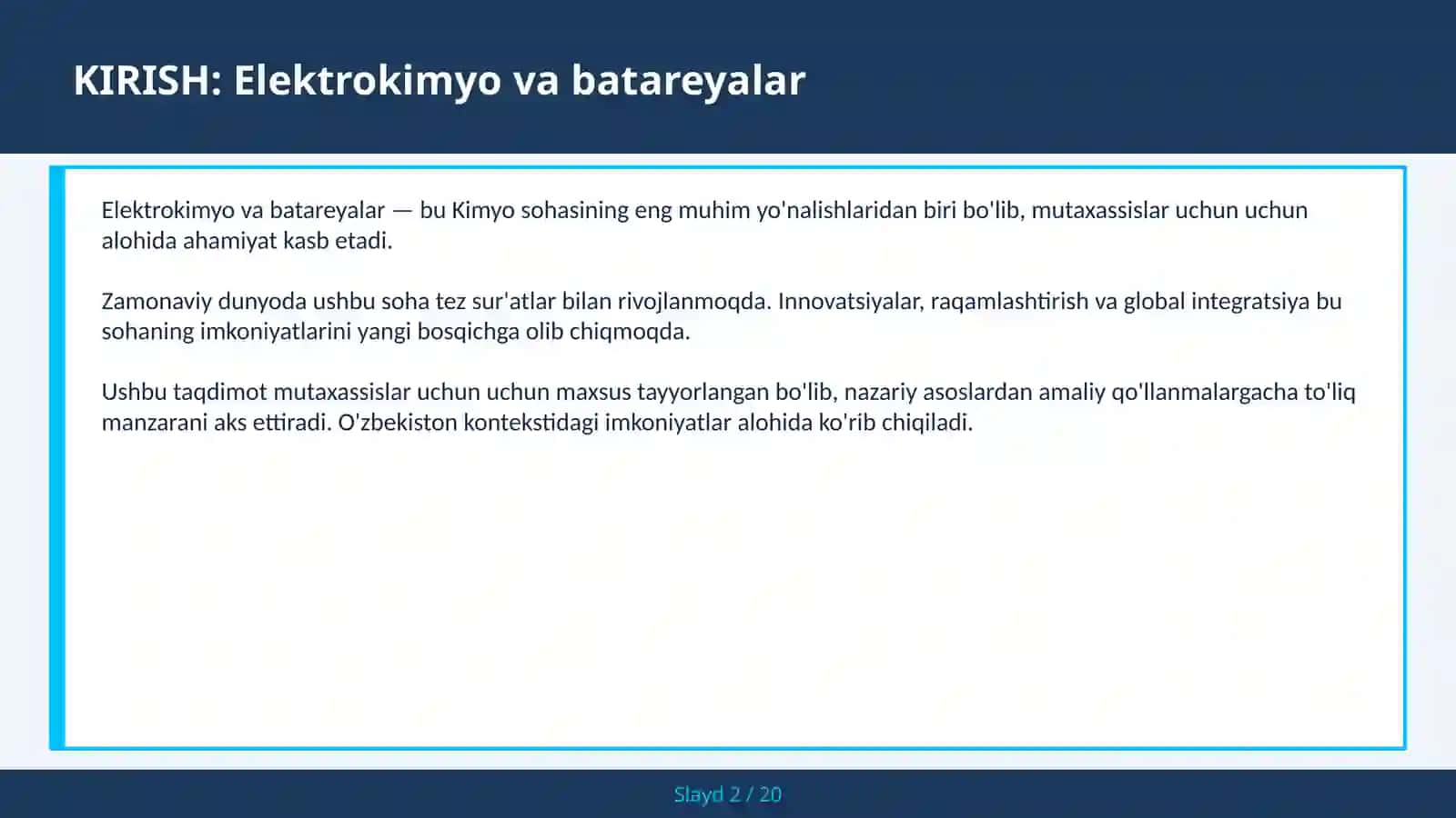 Elektrokimyo va batareyalar 2