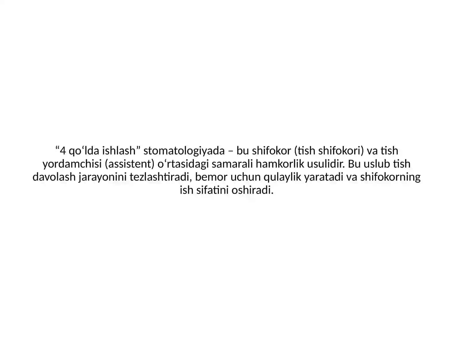 № 154 qo‘lda ishлаш(assistent bilan). Tish yordamchisining ish joyi. Uning vazifalari 2
