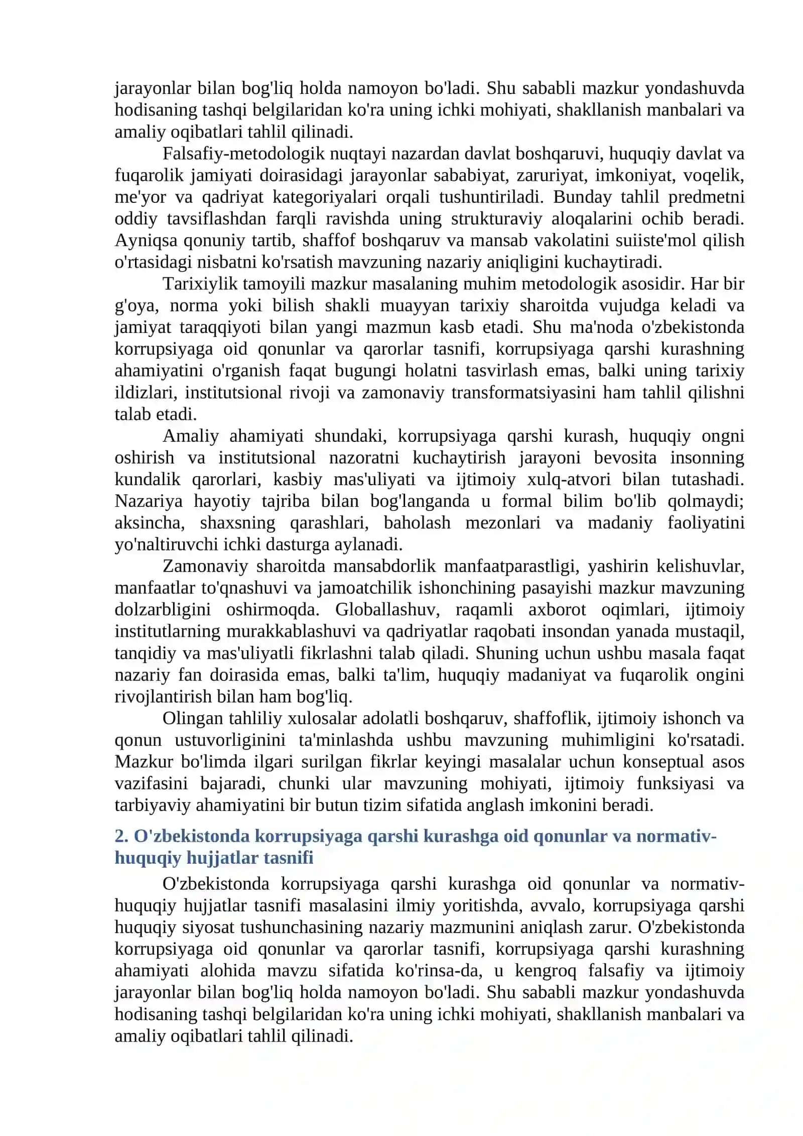 O'ZBEKISTONDA KORRUPSIYAGA OID QONUNLAR VA QARORLAR TASNIFI, KORRUPSIYAGA QARSHI KURASHNING AHAMIYATI 2