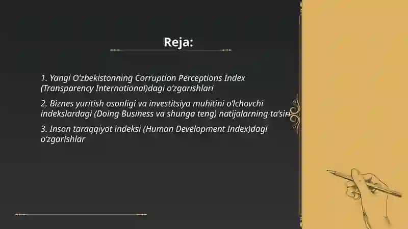 Yangi O‘zbekiston ojtimoiy - siyosiy iqtisodiy va madaniy hayotda ro‘y berayotgan o‘zgarishlarning xalqaro reyting va indekslarda aks etishi 2