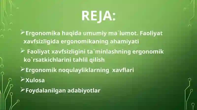 Faoliyat xavfsizligini ta`minlashning ergonomik ko`rsatkichlarini tahlil qilish 2
