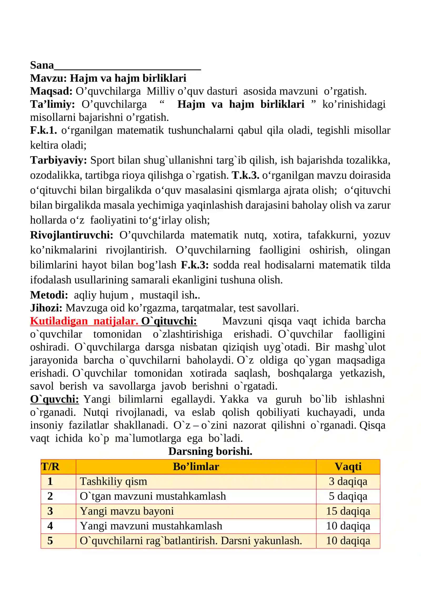 Hajm va hajm birliklari 1-sinflar uchun Matematika fanidan dars ishlanmasi 2